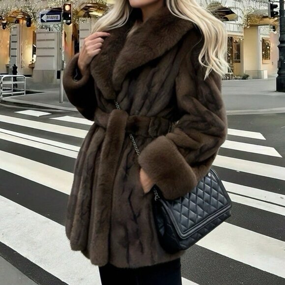 Coffee Brown Women's Christmas Faux Fur Long Sleeve Coat - Picture 7 of 7